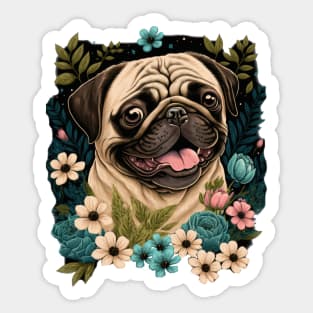 Happy Pug and Flowers Dog Illustration Sticker